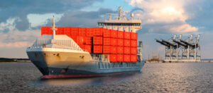 Ship at sea with containers with PRC flag